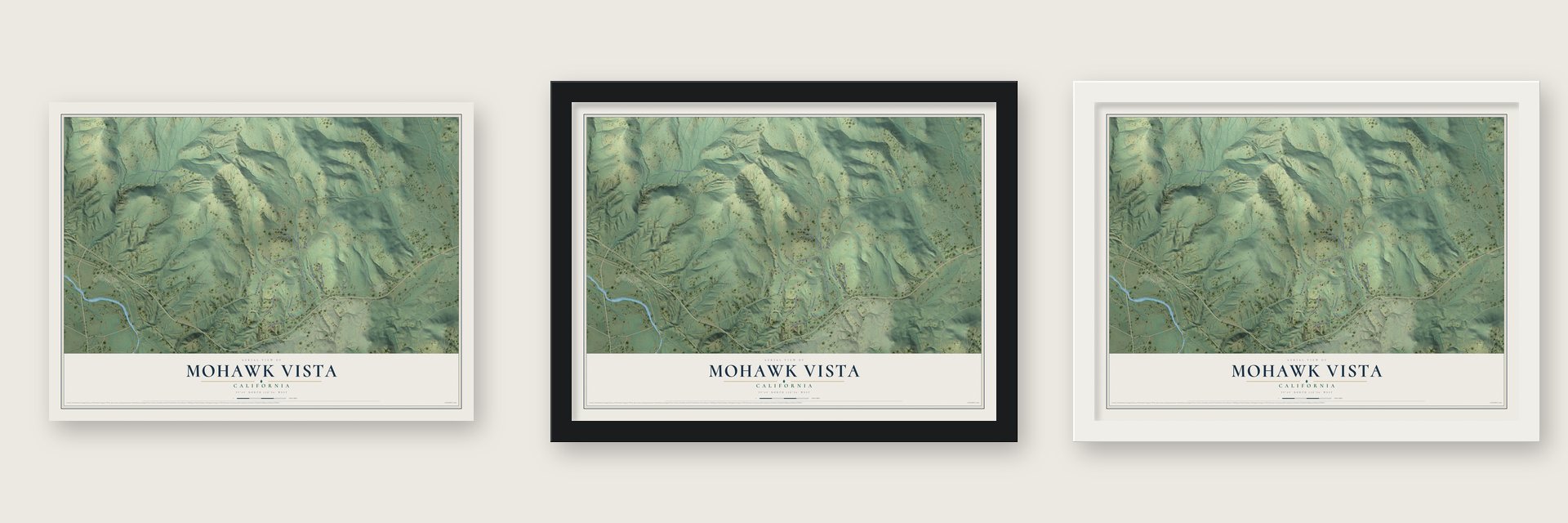Mohawk Vista, California map unframed, in a black wood frame and in a white wood frame