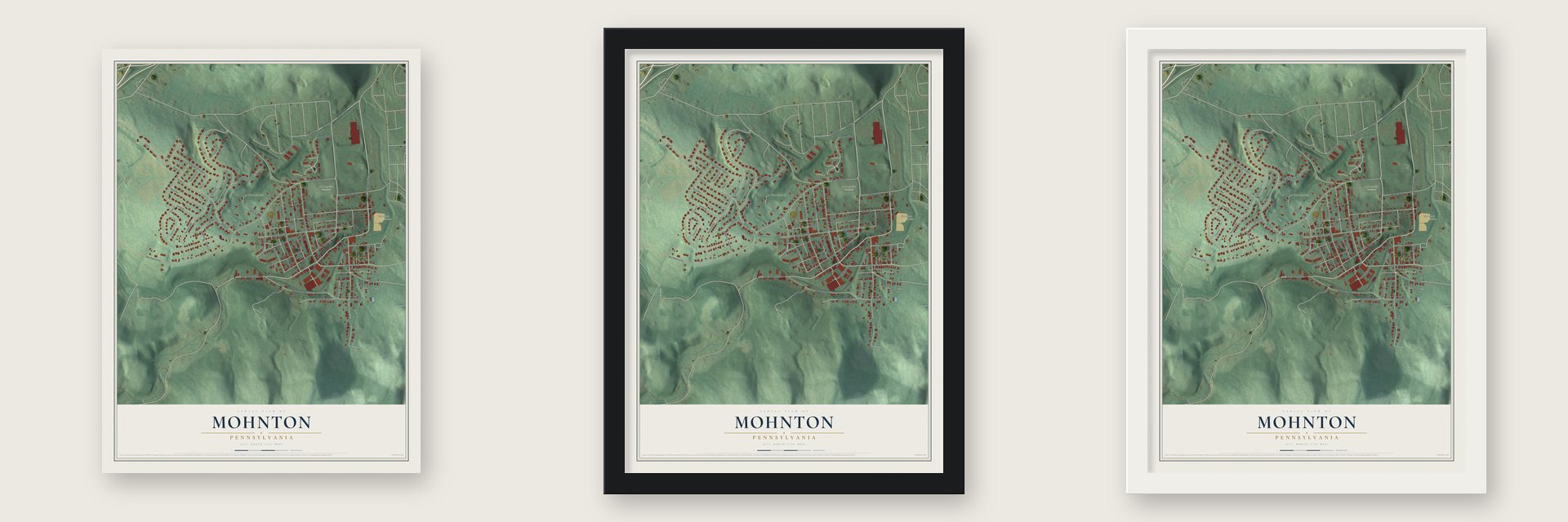 Mohnton, Pennsylvania map unframed, in a black wood frame and in a white wood frame