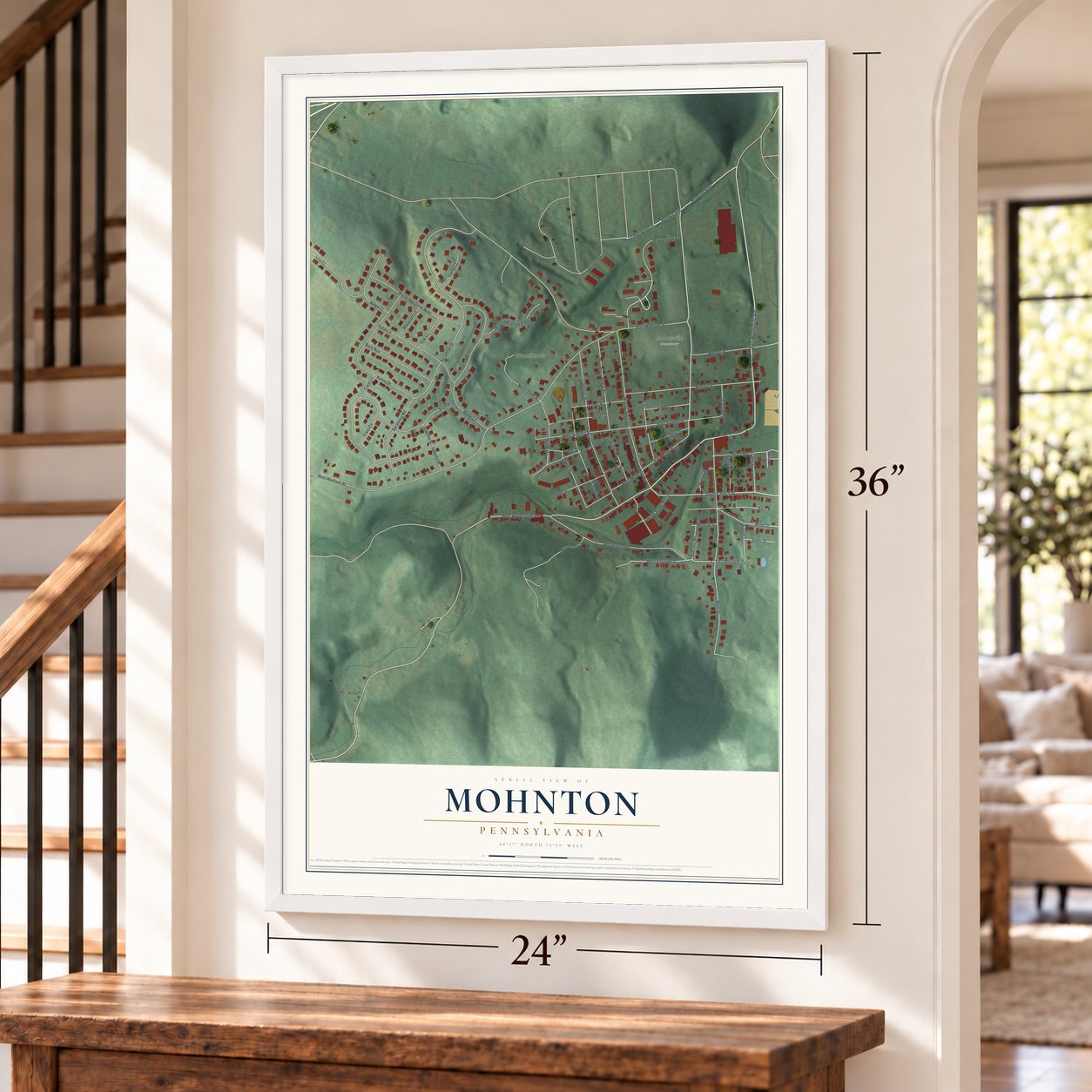 Mohnton, Pennsylvania map, 24 x 36 inch print in a white frame by a staircase