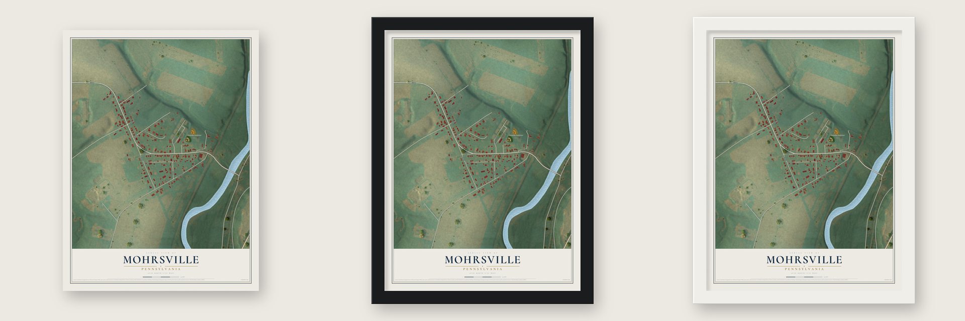 Mohrsville, Pennsylvania map unframed, in a black wood frame and in a white wood frame