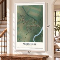 Mohrsville, Pennsylvania map, 24 x 36 inch print in a white frame by a staircase