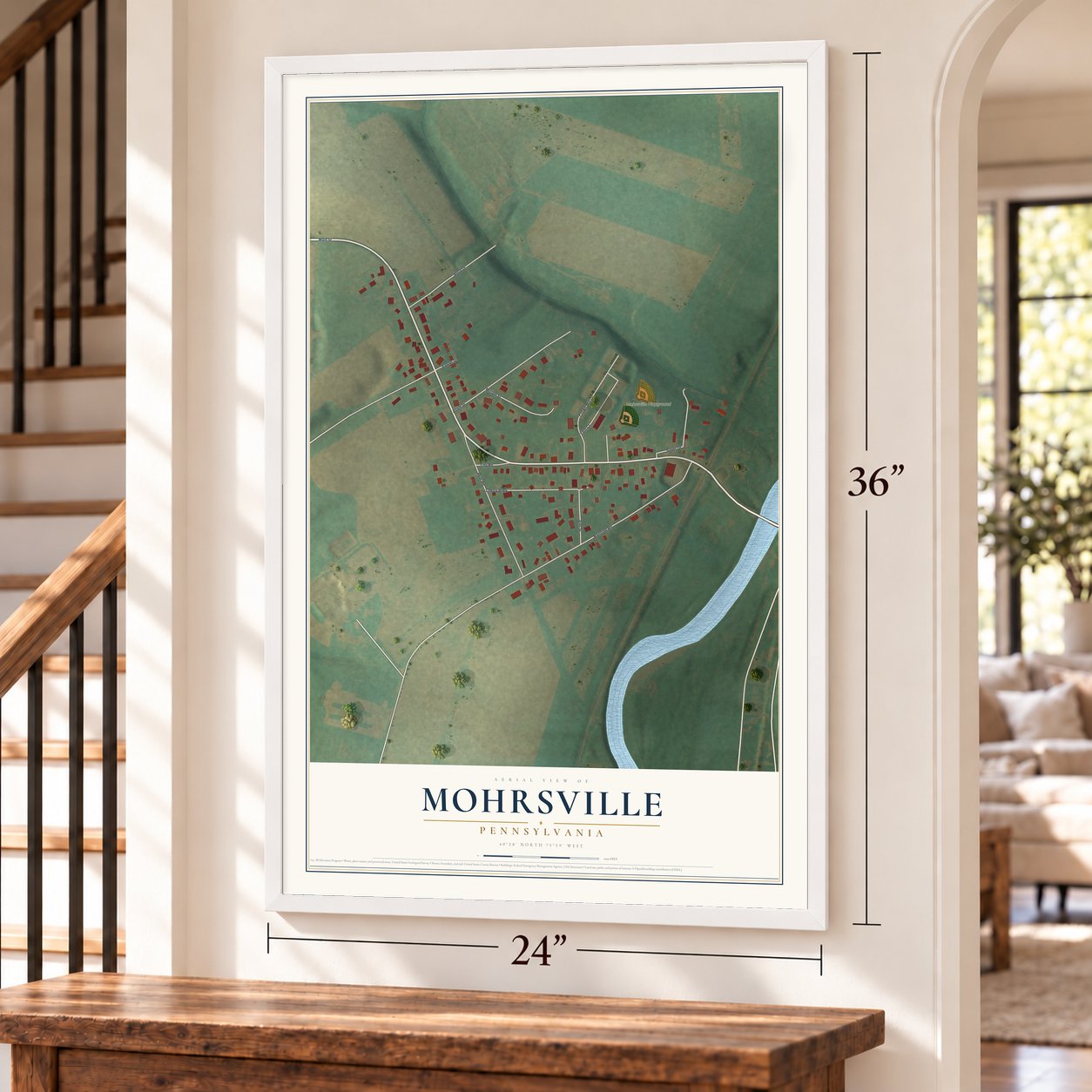 Mohrsville, Pennsylvania map, 24 x 36 inch print in a white frame by a staircase