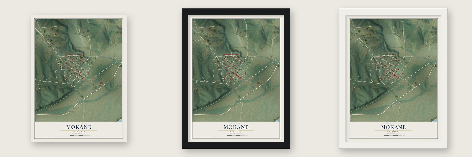 Mokane, Missouri map unframed, in a black wood frame and in a white wood frame