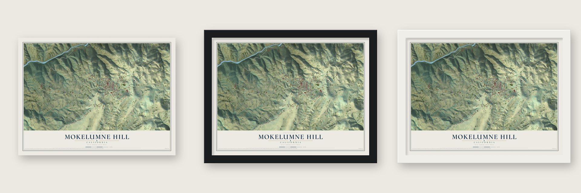 Mokelumne Hill, California map unframed, in a black wood frame and in a white wood frame