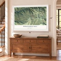 Mokelumne Hill, California map, 24 x 36 inch print in a white frame above a dresser by a staircase