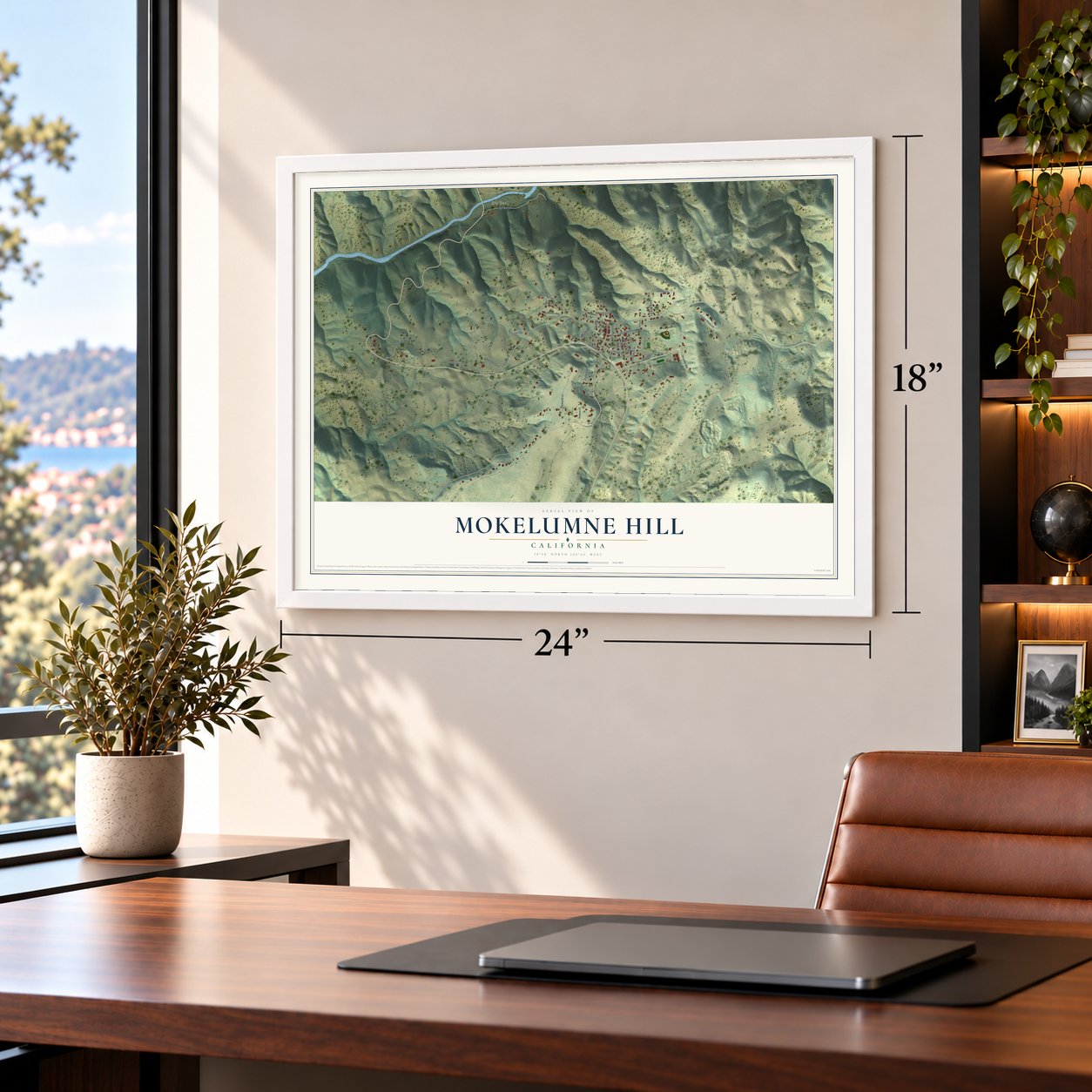 Mokelumne Hill, California map, 18 x 24 inch print in a white frame in a home office