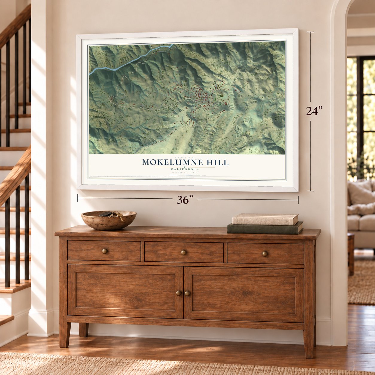 Mokelumne Hill, California map, 24 x 36 inch print in a white frame above a dresser by a staircase