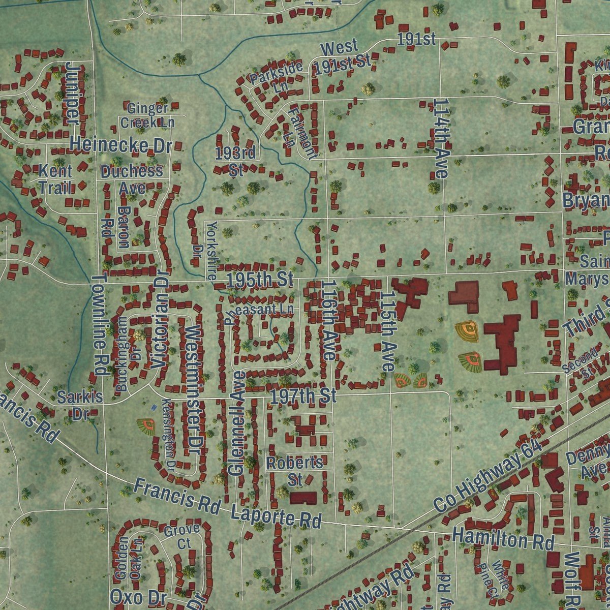 Second close-up of the map of Mokena, Illinois print showing more streets and buildings