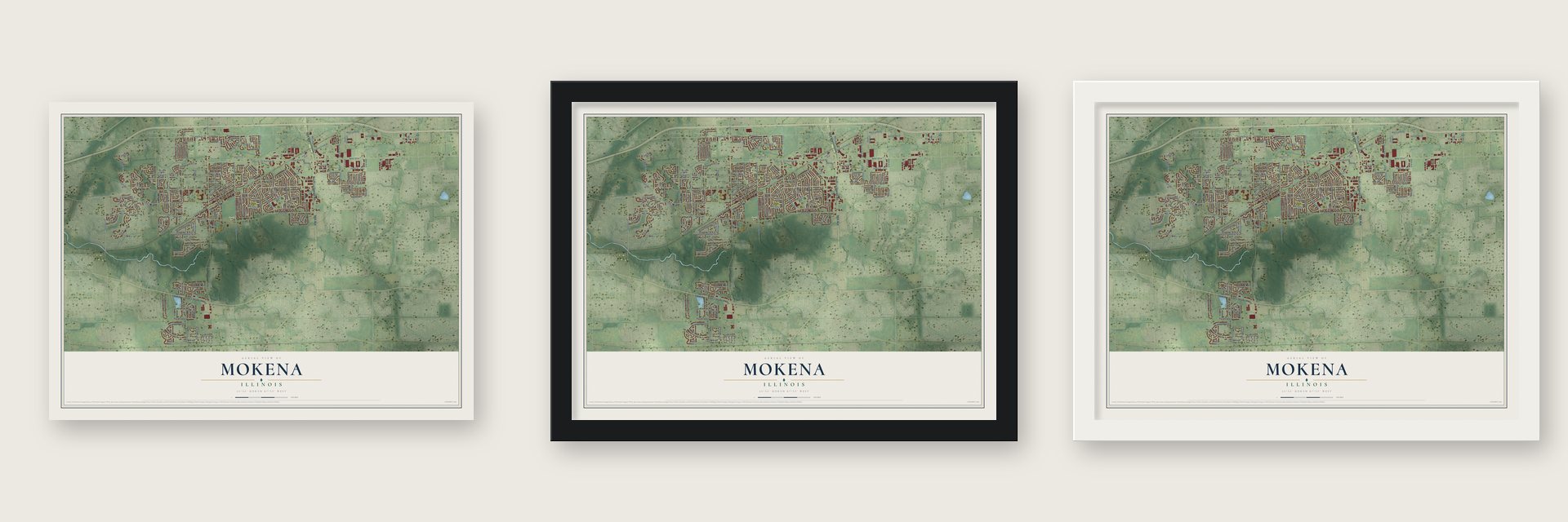 Mokena, Illinois map unframed, in a black wood frame and in a white wood frame