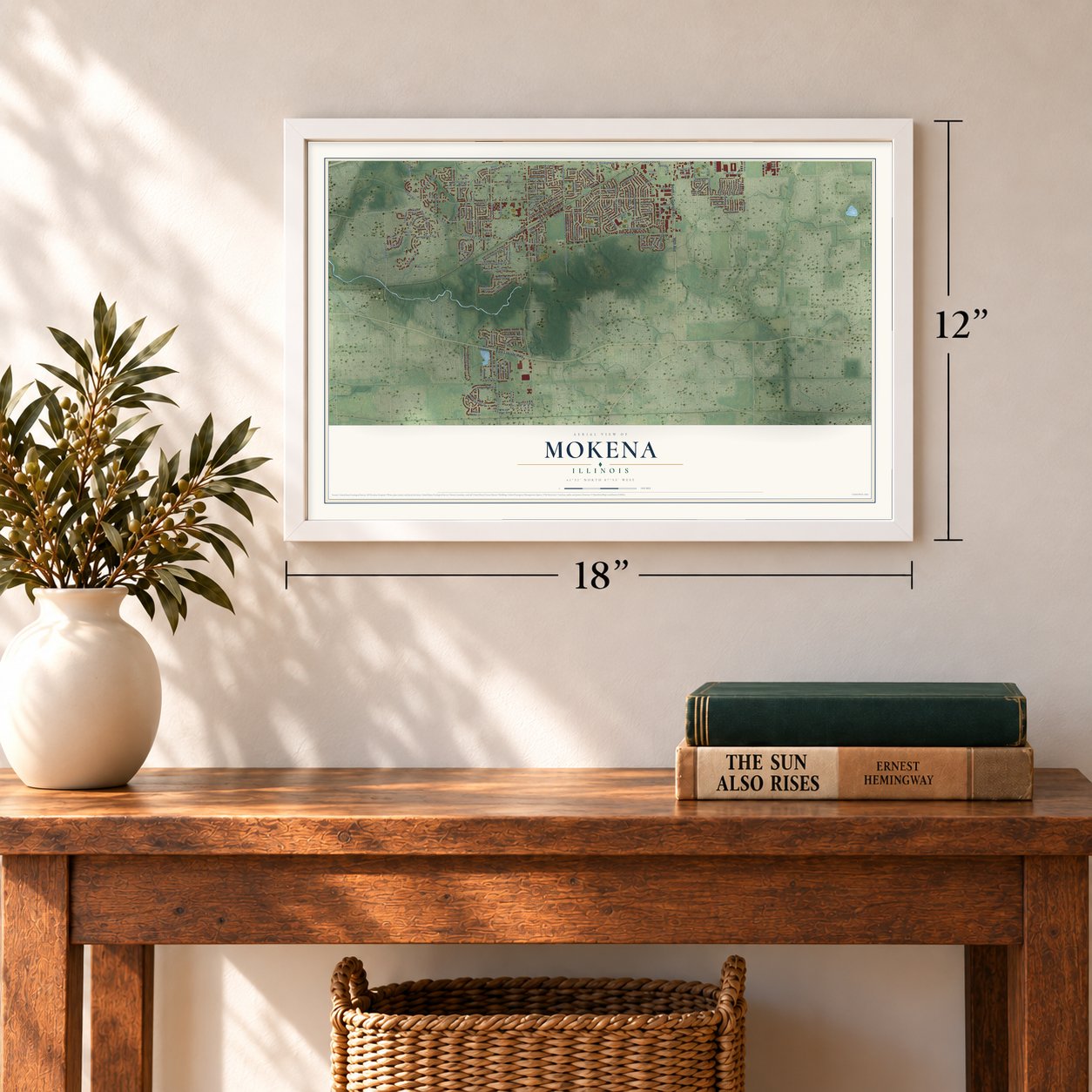 Mokena, Illinois map, 12 x 18 inch print in a white frame in an entryway