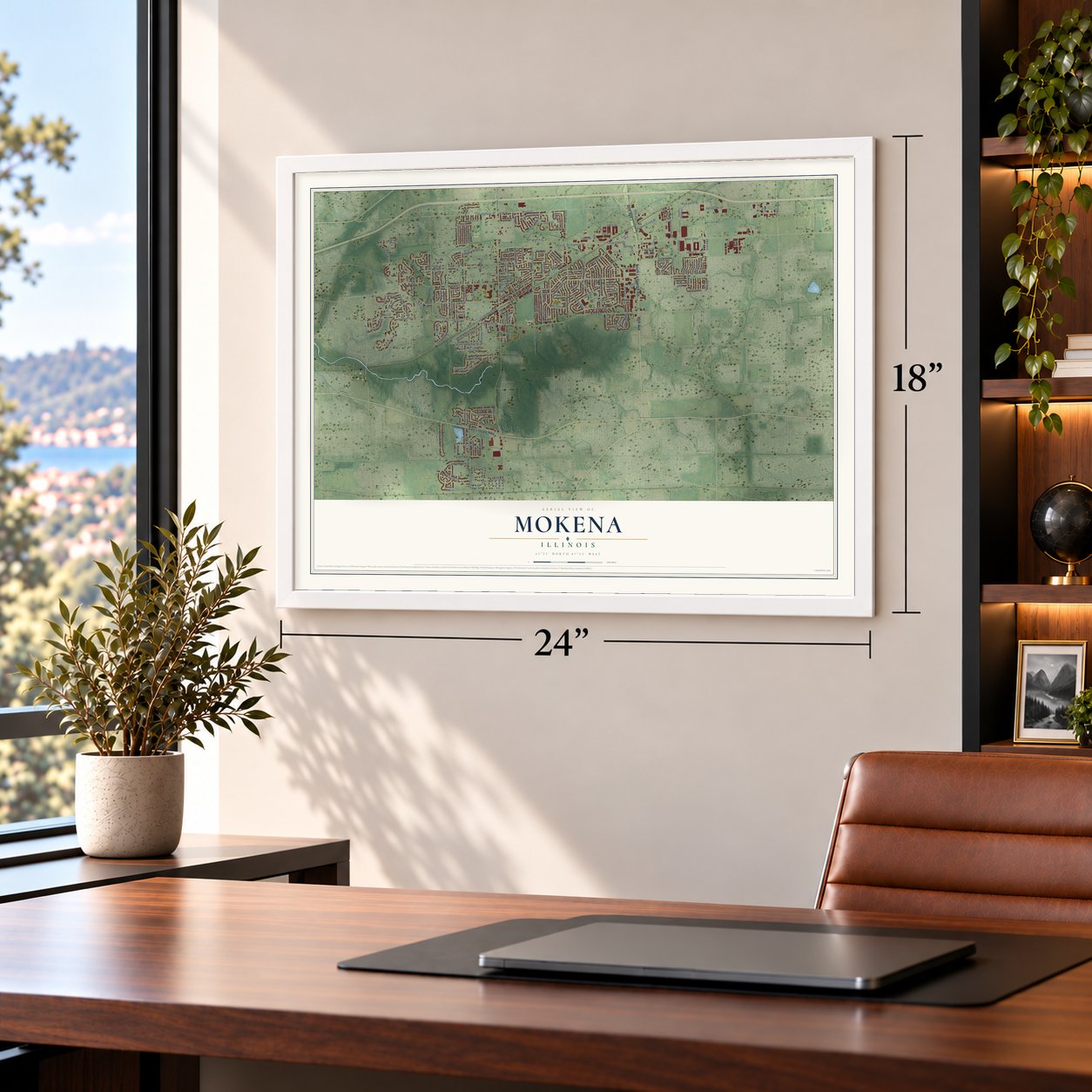 Mokena, Illinois map, 18 x 24 inch print in a white frame in a home office