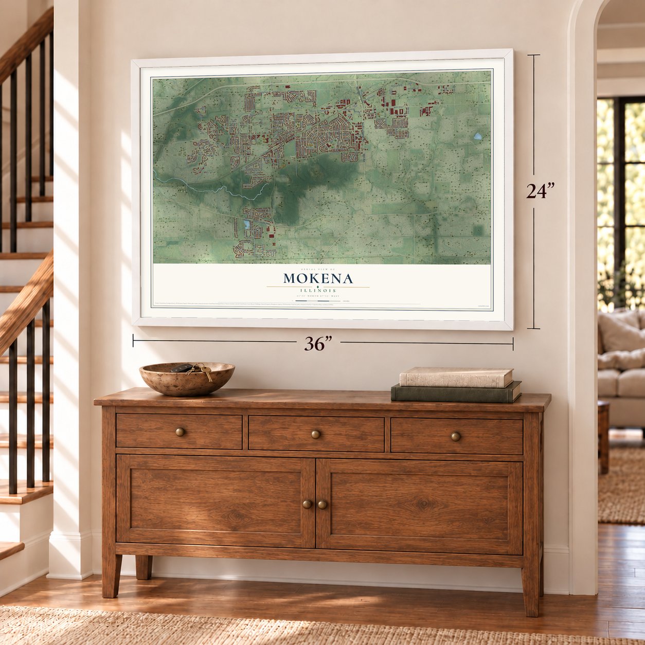 Mokena, Illinois map, 24 x 36 inch print in a white frame above a dresser by a staircase