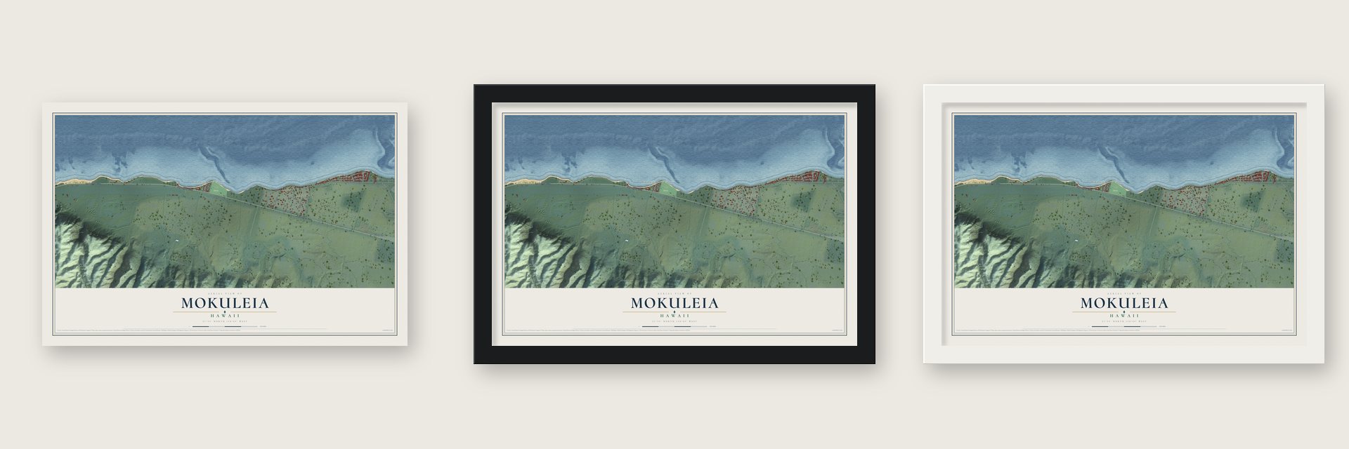 Mokuleia, Hawaii map unframed, in a black wood frame and in a white wood frame