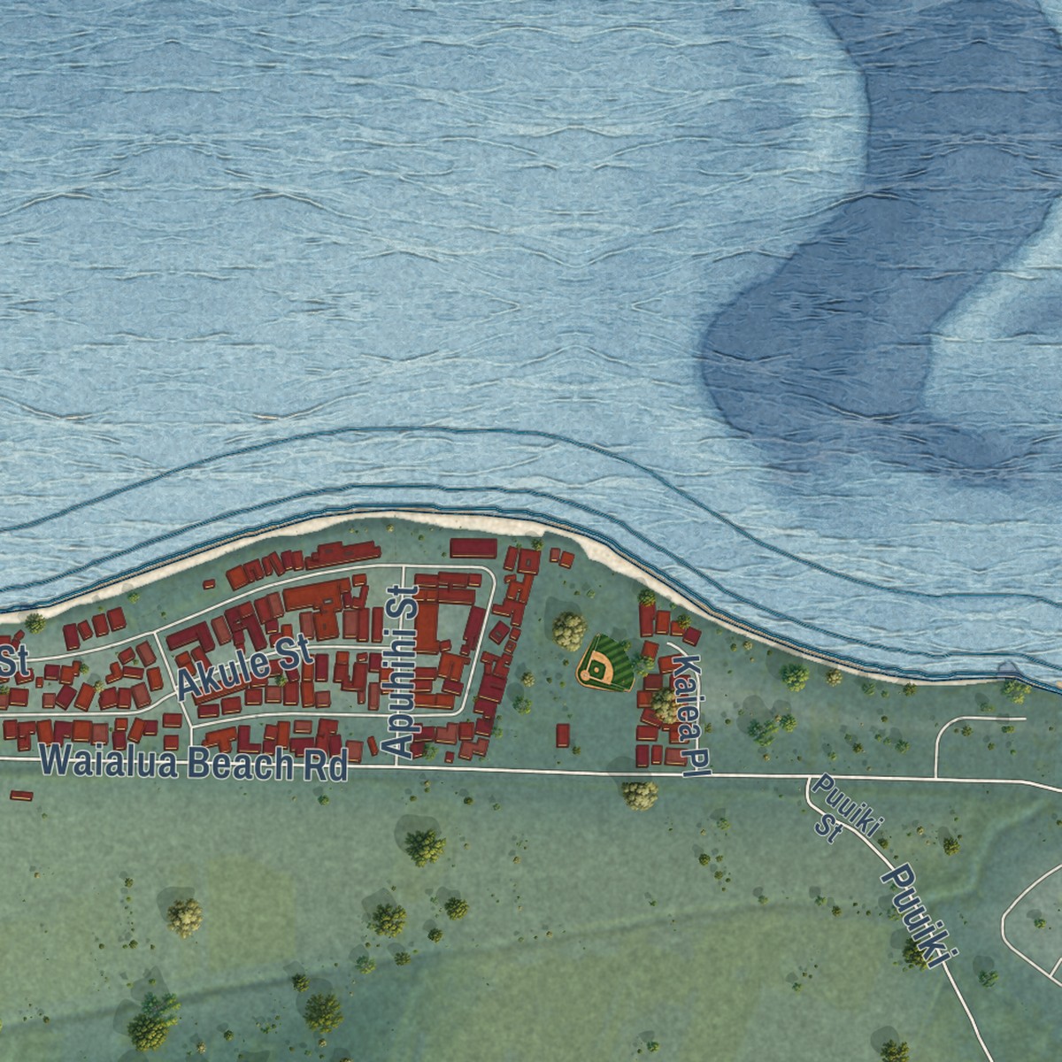 Second close-up of the map of Mokuleia, Hawaii print showing more streets and buildings