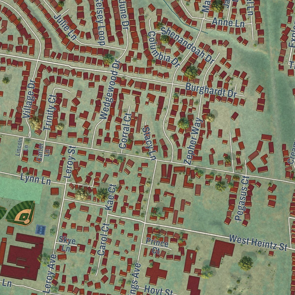Second close-up of the map of Molalla, Oregon print showing more streets and buildings