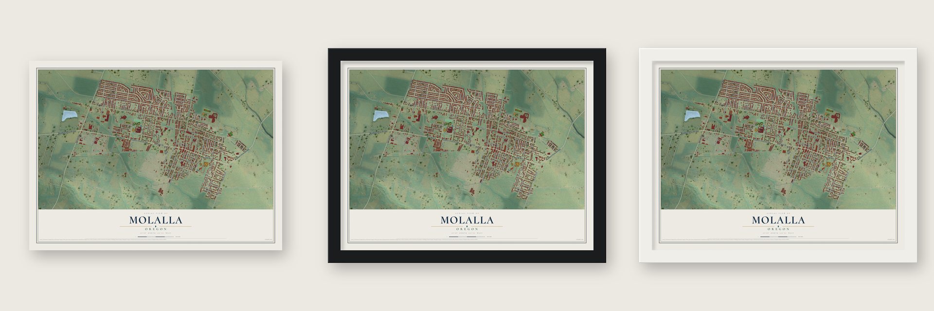 Molalla, Oregon map unframed, in a black wood frame and in a white wood frame