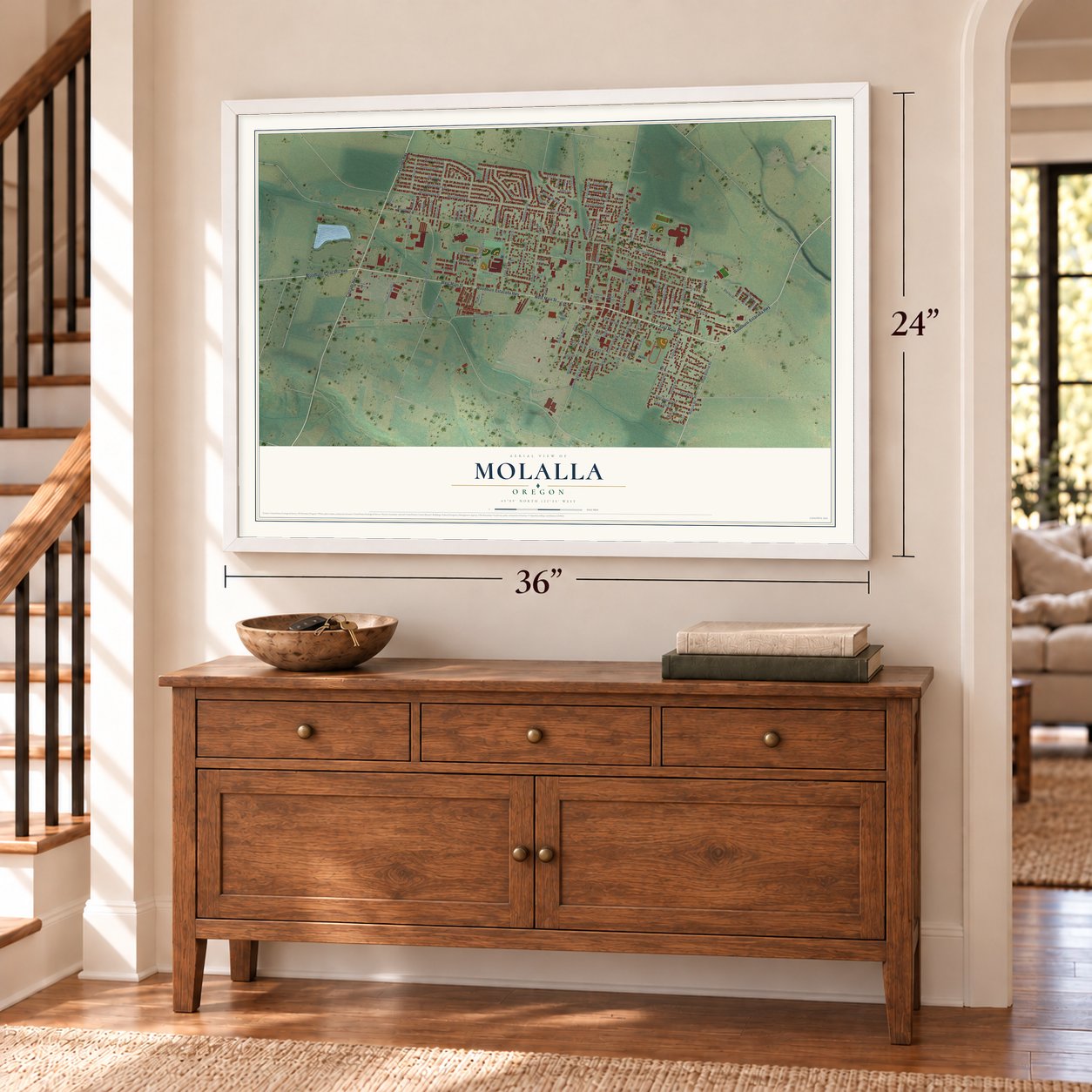 Molalla, Oregon map, 24 x 36 inch print in a white frame above a dresser by a staircase
