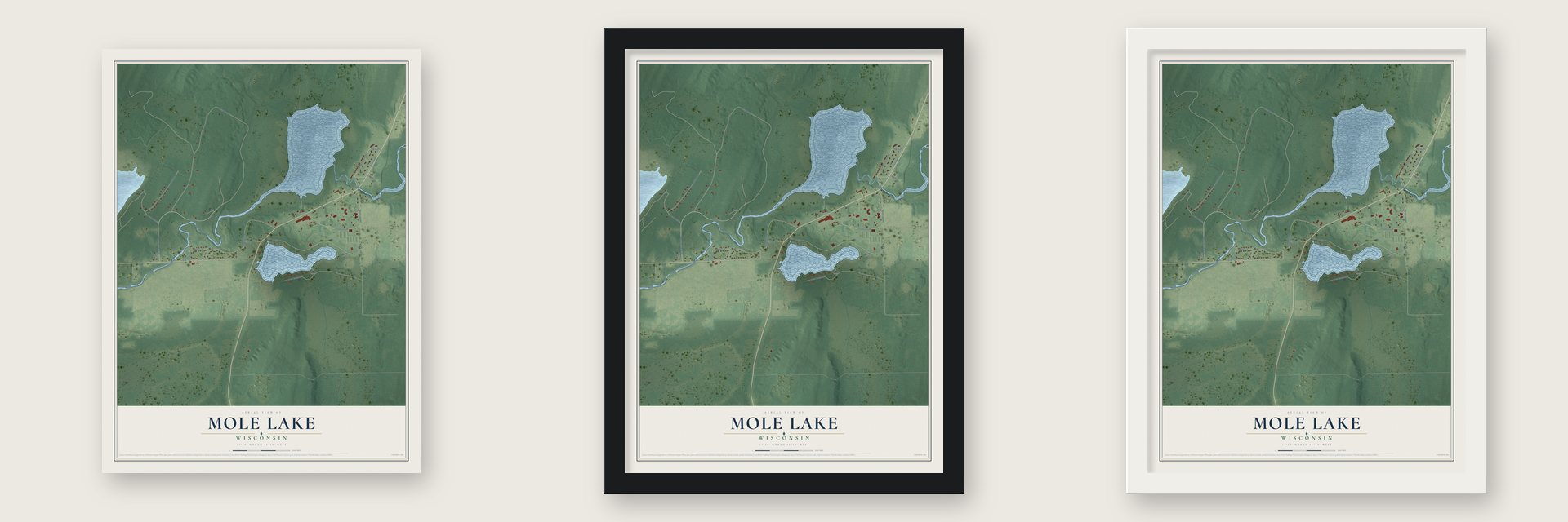 Mole Lake, Wisconsin map unframed, in a black wood frame and in a white wood frame