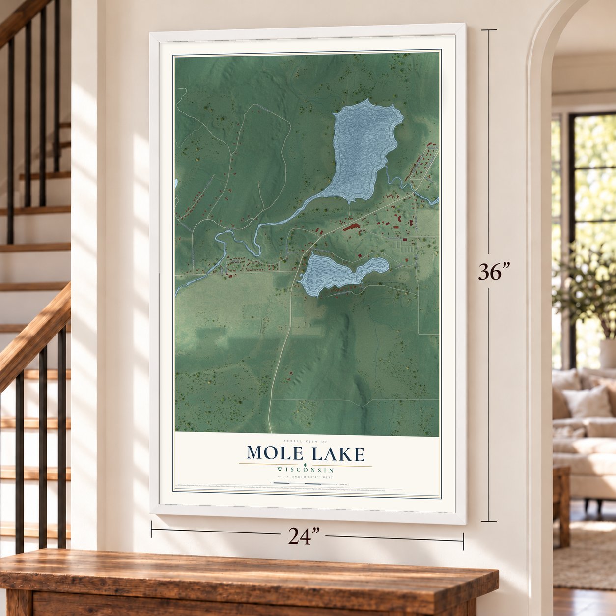 Mole Lake, Wisconsin map, 24 x 36 inch print in a white frame by a staircase