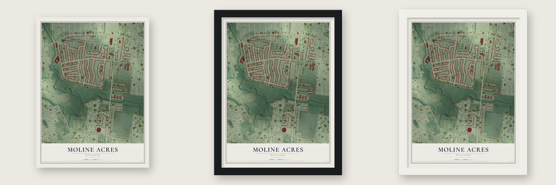 Moline Acres, Missouri map unframed, in a black wood frame and in a white wood frame