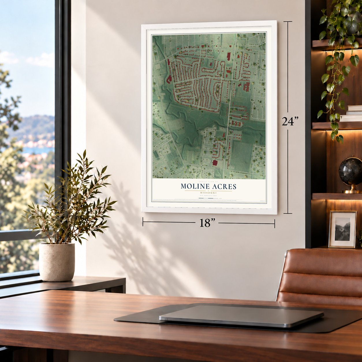 Moline Acres, Missouri map, 18 x 24 inch print in a white frame in a home office