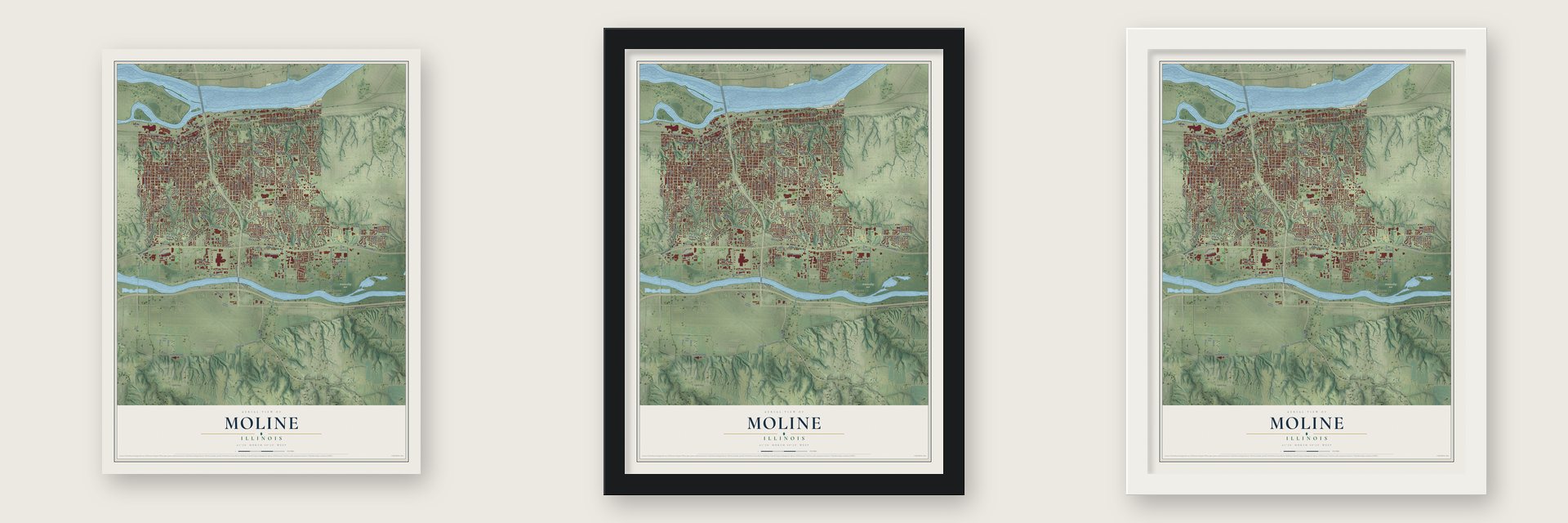Moline, Illinois map unframed, in a black wood frame and in a white wood frame