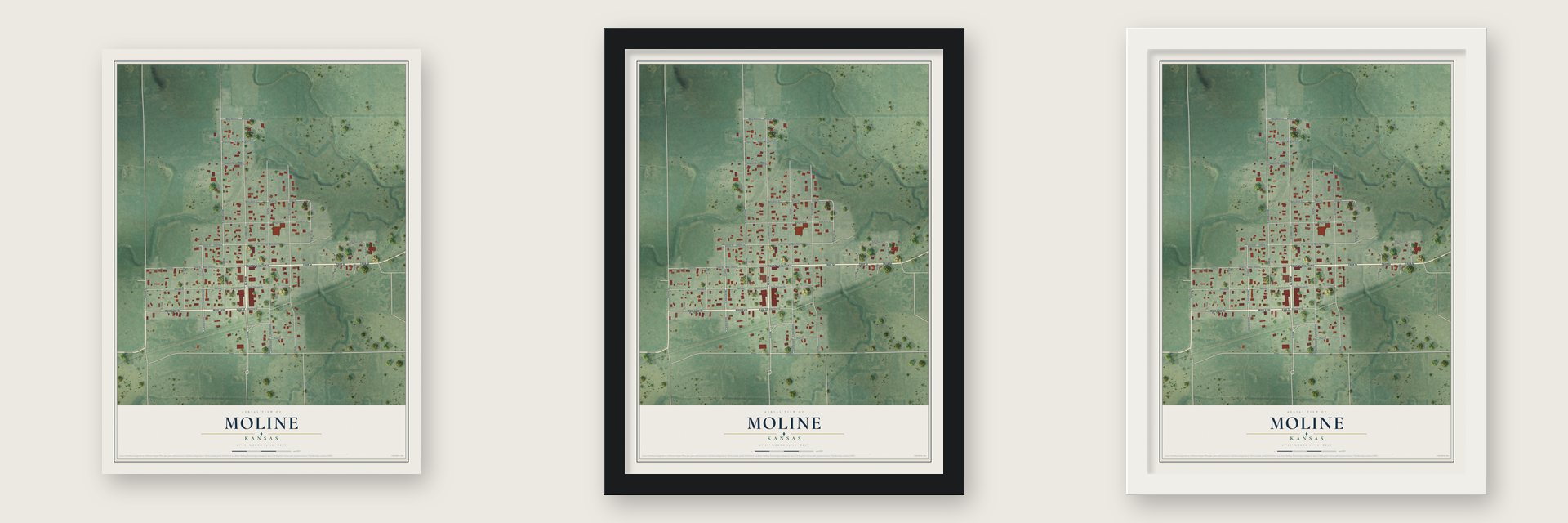 Moline, Kansas map unframed, in a black wood frame and in a white wood frame