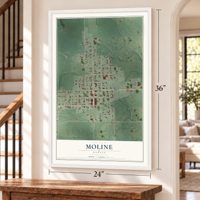 Moline, Kansas map, 24 x 36 inch print in a white frame by a staircase