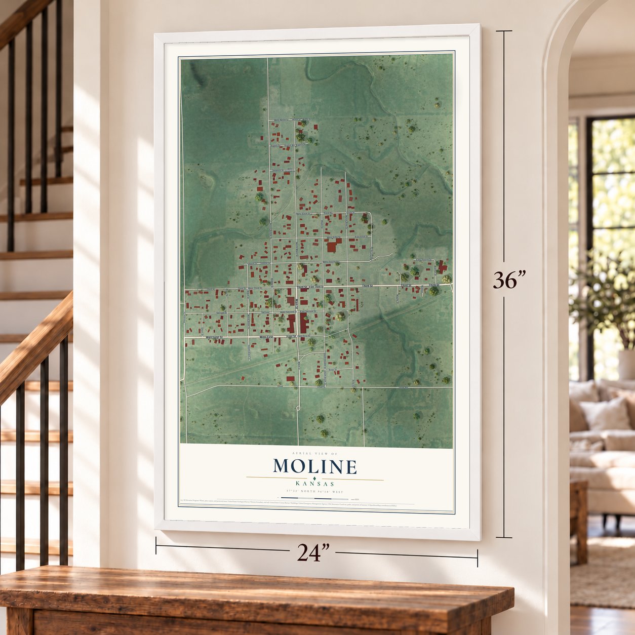 Moline, Kansas map, 24 x 36 inch print in a white frame by a staircase