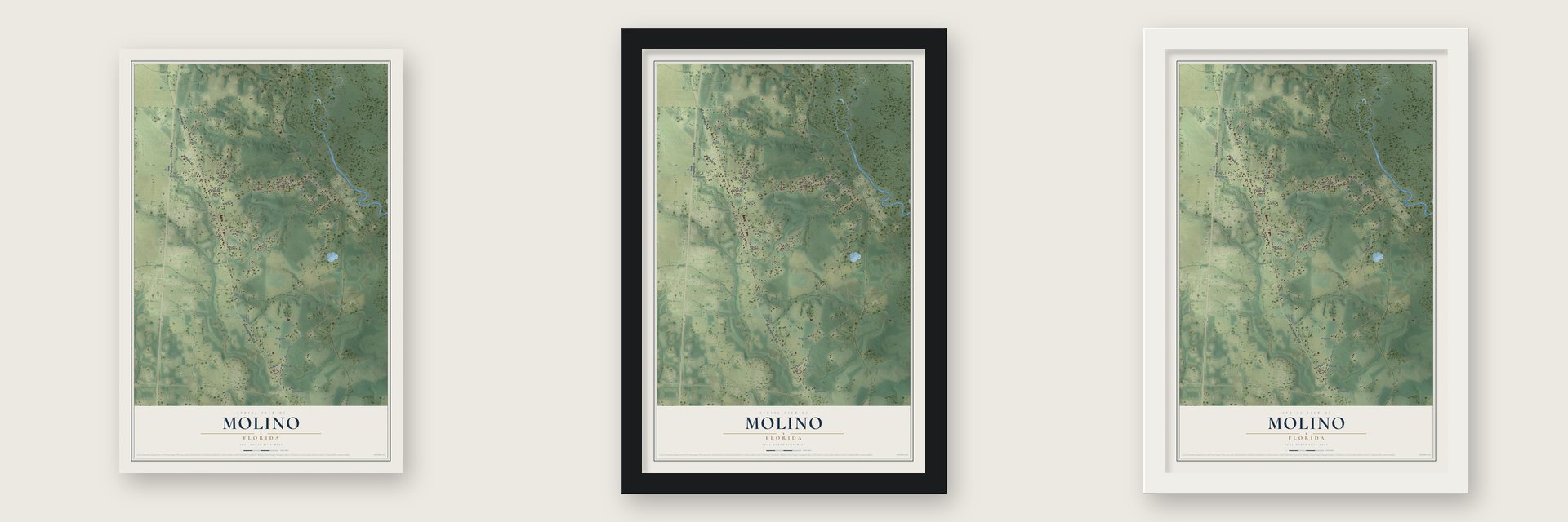 Molino, Florida map unframed, in a black wood frame and in a white wood frame