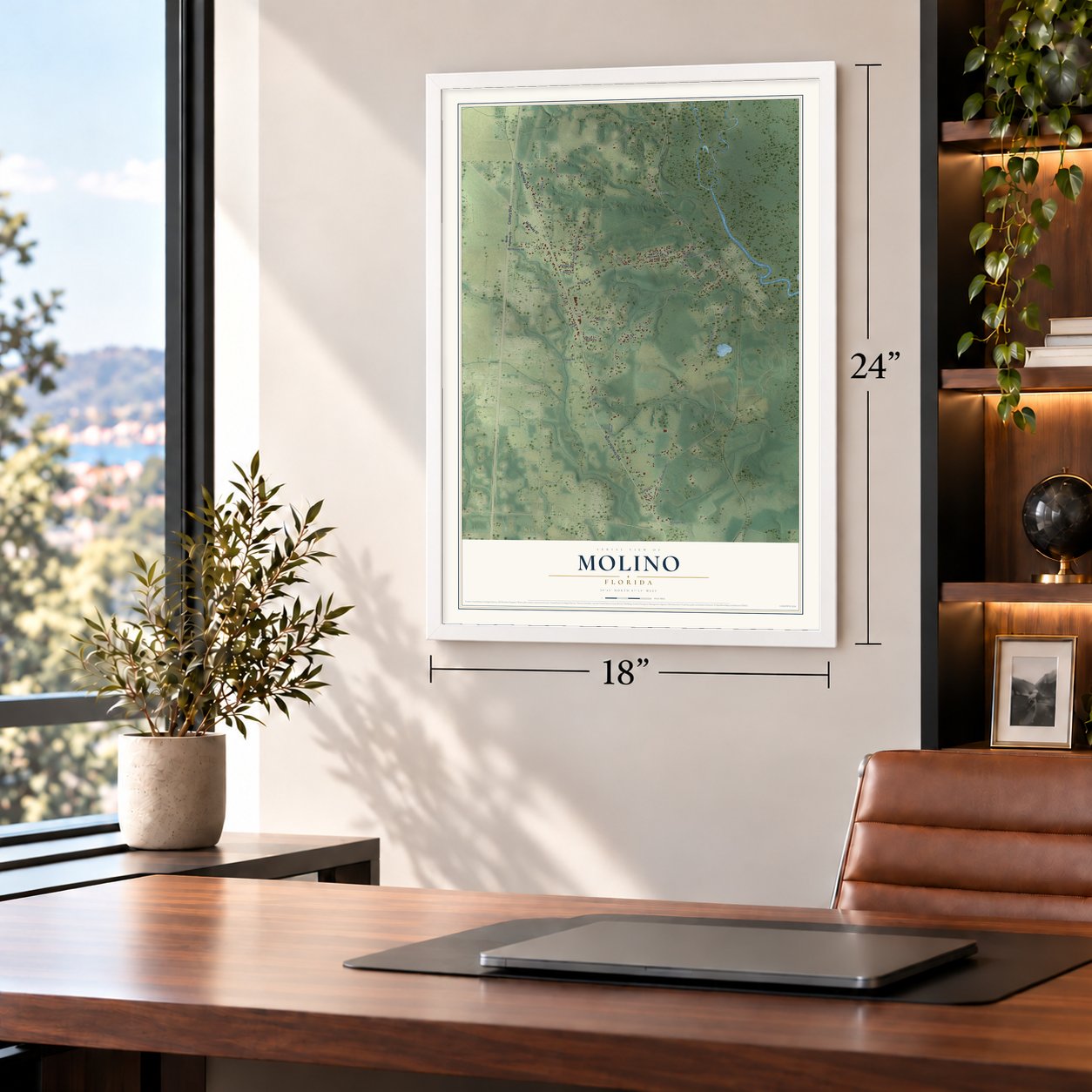 Molino, Florida map, 18 x 24 inch print in a white frame in a home office