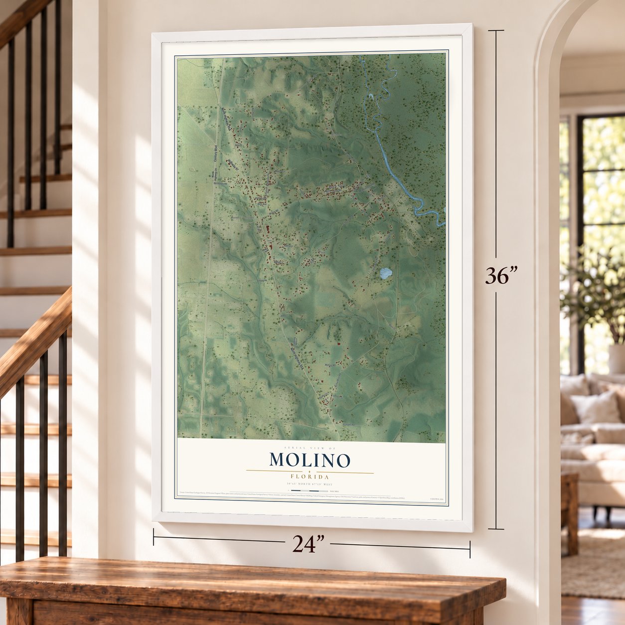 Molino, Florida map, 24 x 36 inch print in a white frame by a staircase