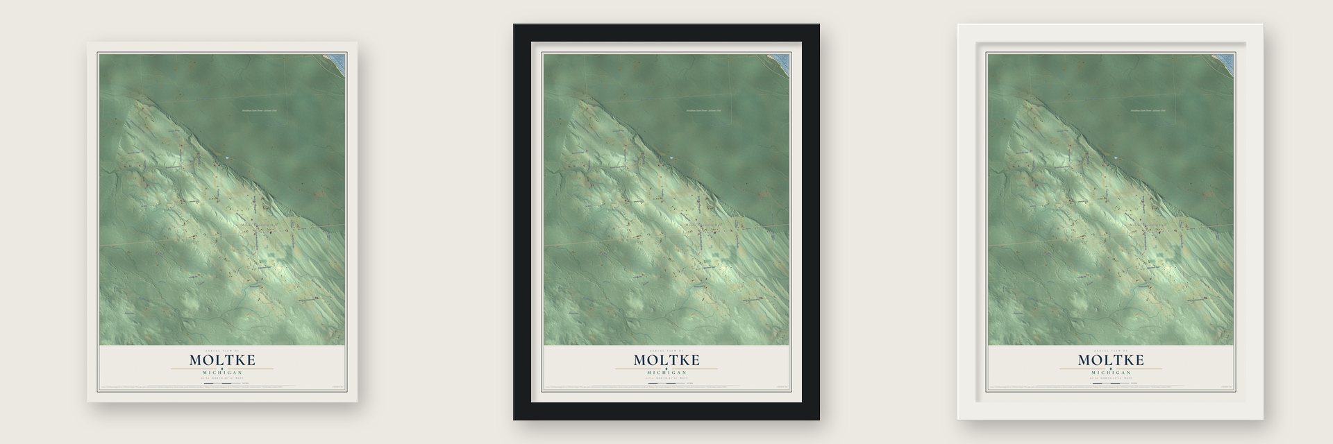 Moltke, Michigan map unframed, in a black wood frame and in a white wood frame