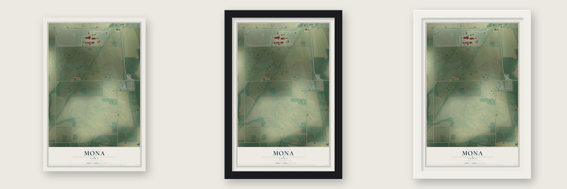 Mona, Iowa map unframed, in a black wood frame and in a white wood frame