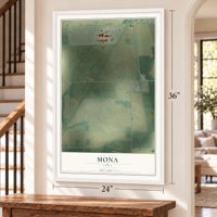 Mona, Iowa map, 24 x 36 inch print in a white frame by a staircase