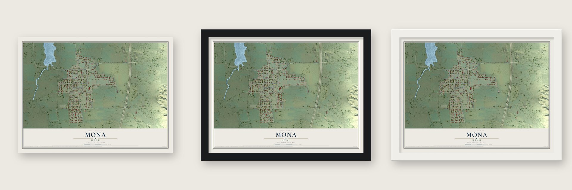 Mona, Utah map unframed, in a black wood frame and in a white wood frame