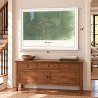Mona, Utah map, 24 x 36 inch print in a white frame above a dresser by a staircase