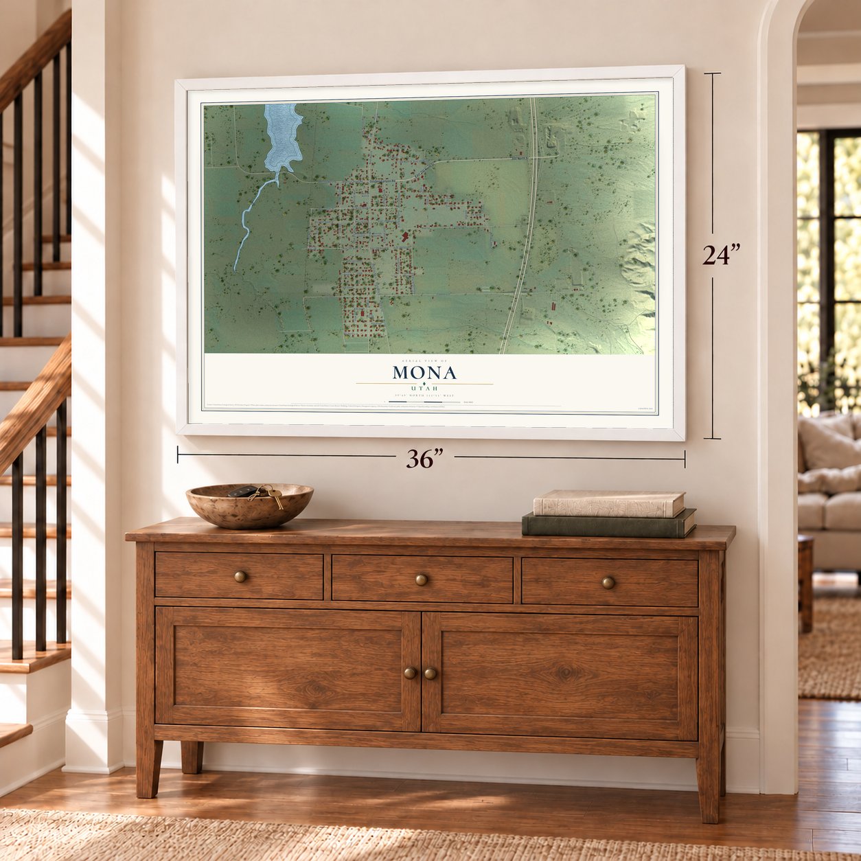 Mona, Utah map, 24 x 36 inch print in a white frame above a dresser by a staircase