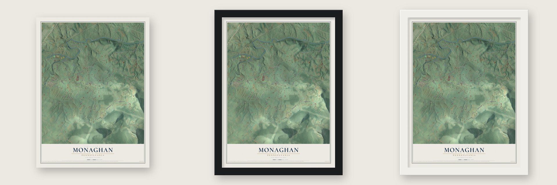 Monaghan, Pennsylvania map unframed, in a black wood frame and in a white wood frame