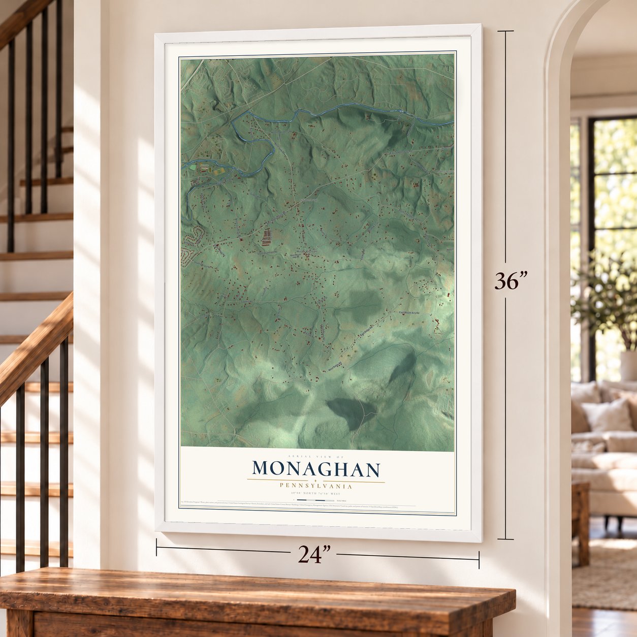 Monaghan, Pennsylvania map, 24 x 36 inch print in a white frame by a staircase