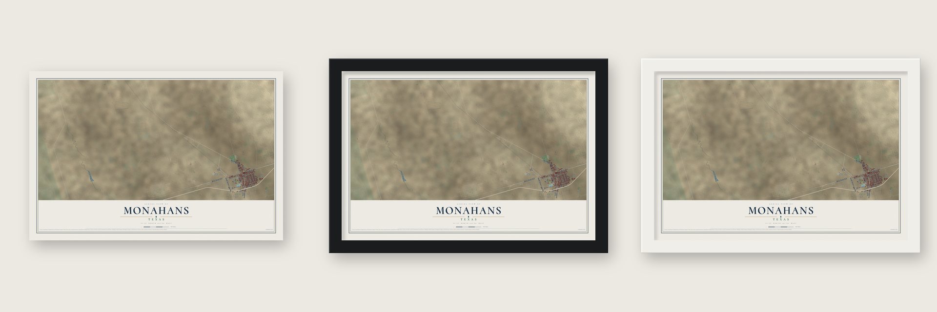 Monahans, Texas map unframed, in a black wood frame and in a white wood frame