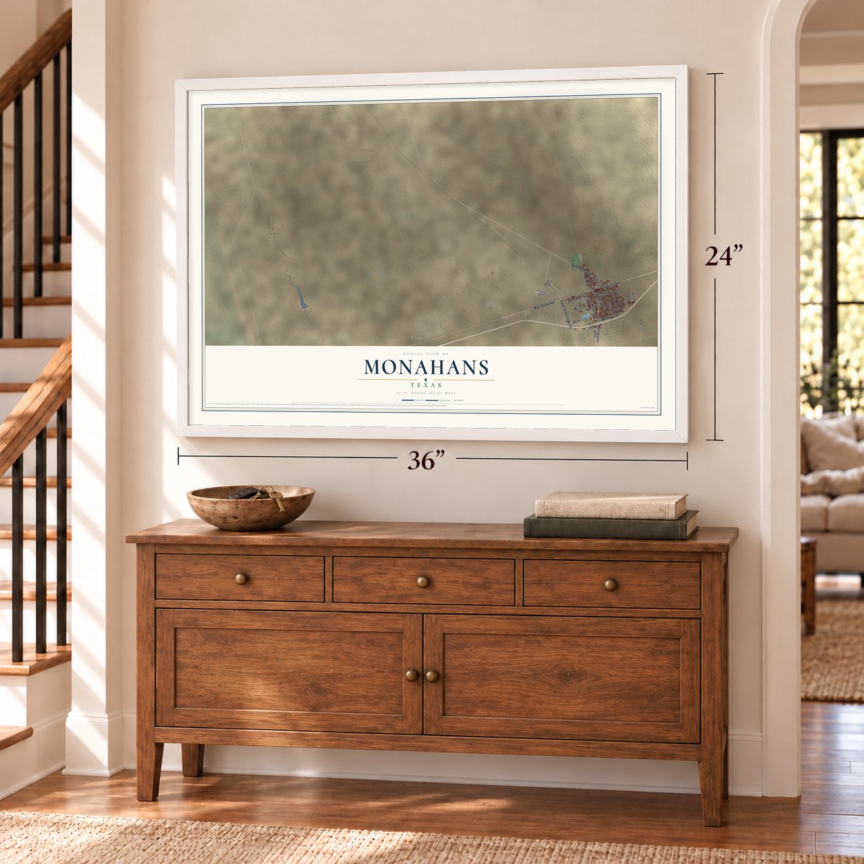 Monahans, Texas map, 24 x 36 inch print in a white frame above a dresser by a staircase