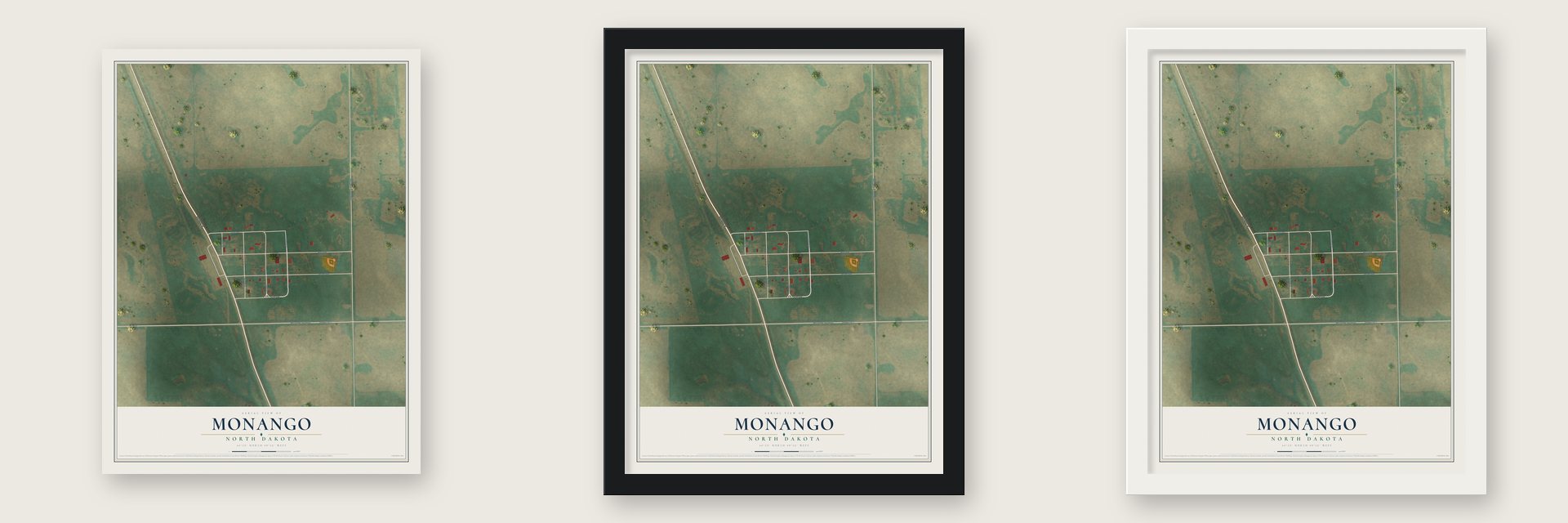 Monango, North Dakota map unframed, in a black wood frame and in a white wood frame