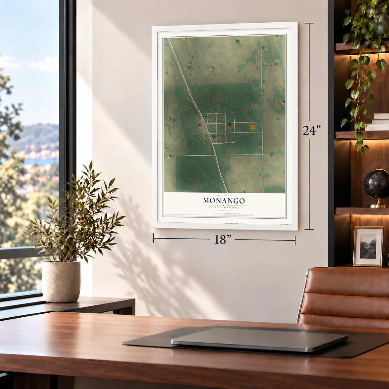 Monango, North Dakota map, 18 x 24 inch print in a white frame in a home office