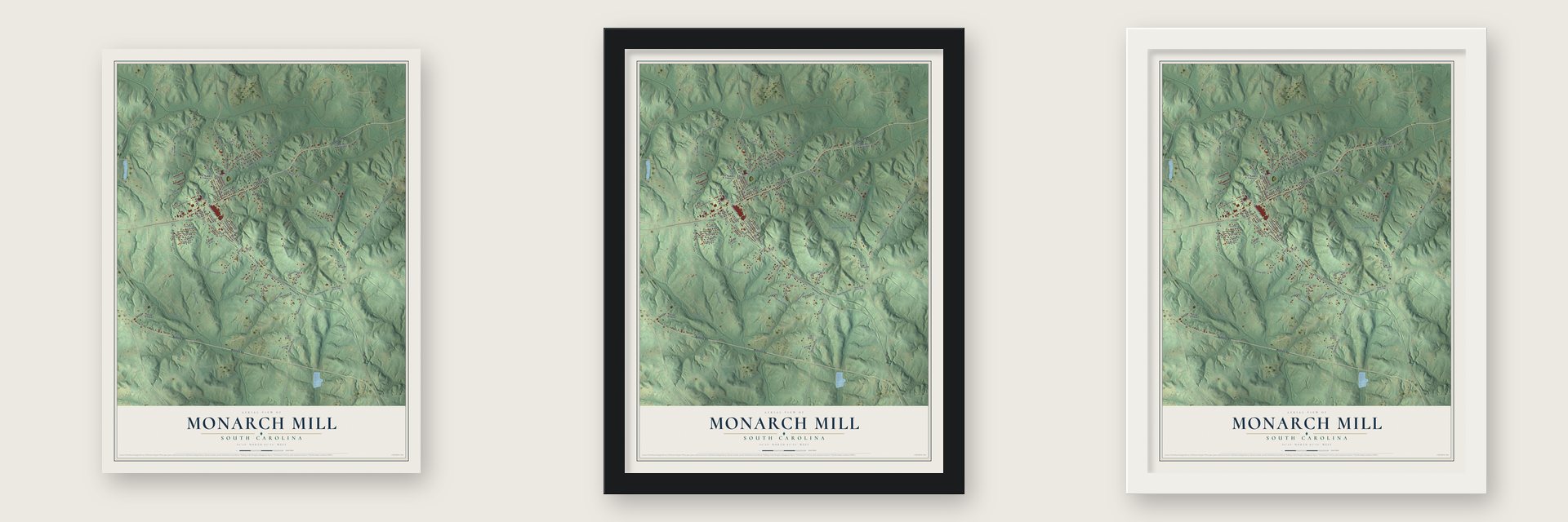 Monarch Mill, South Carolina map unframed, in a black wood frame and in a white wood frame