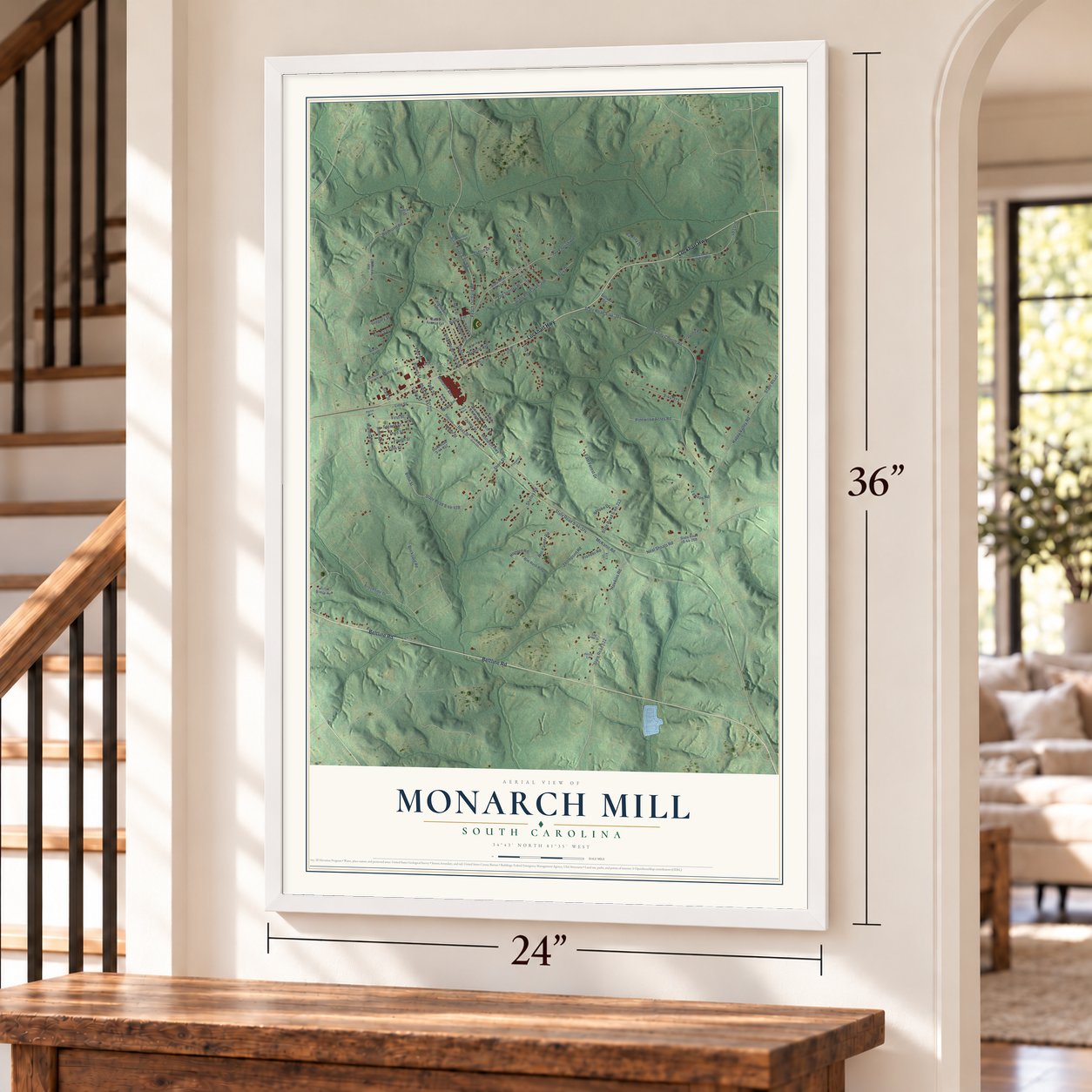 Monarch Mill, South Carolina map, 24 x 36 inch print in a white frame by a staircase