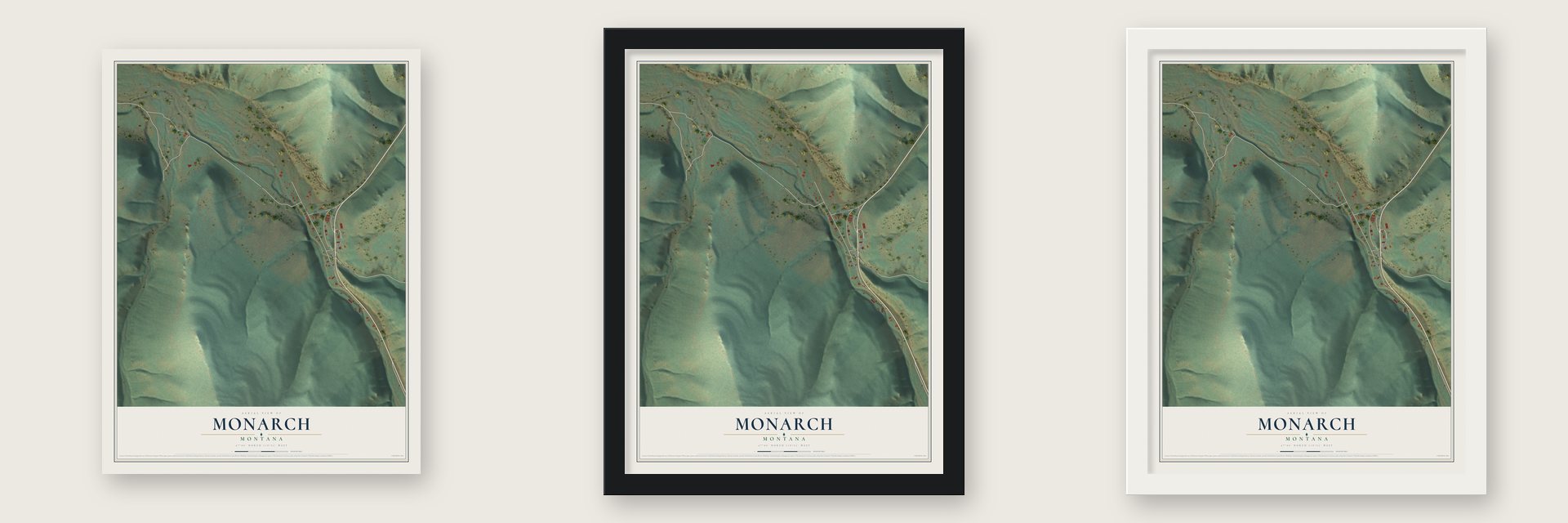 Monarch, Montana map unframed, in a black wood frame and in a white wood frame
