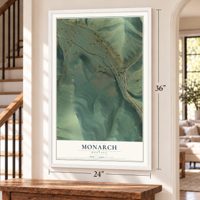 Monarch, Montana map, 24 x 36 inch print in a white frame by a staircase