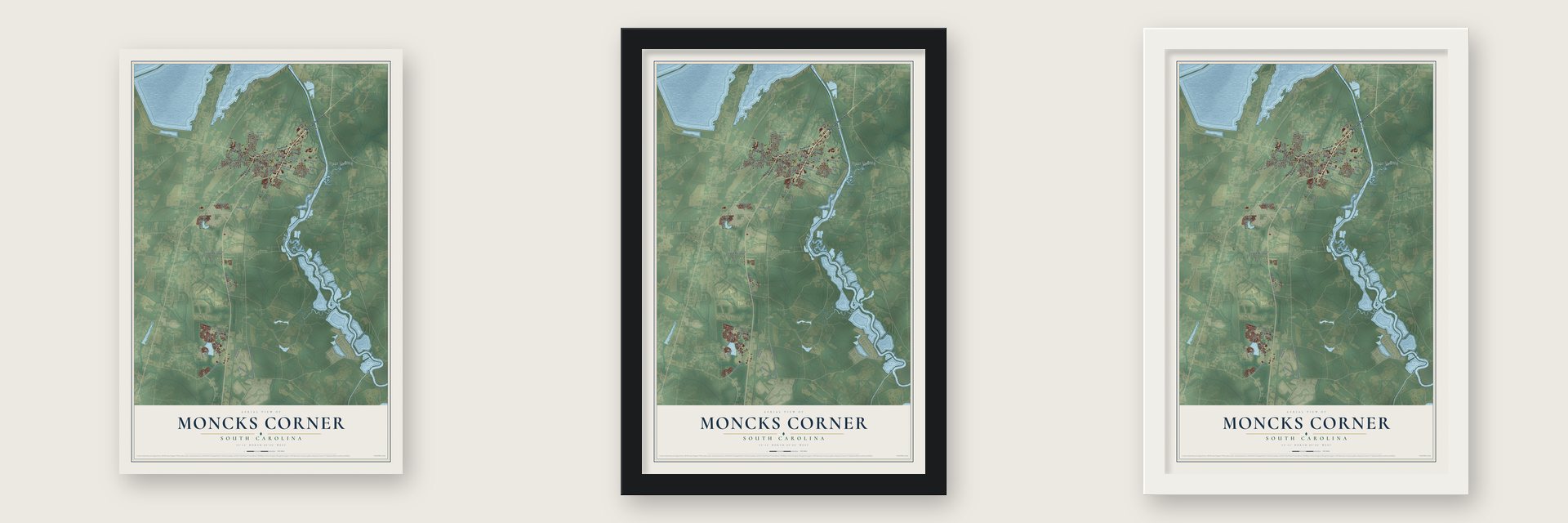 Moncks Corner, South Carolina map unframed, in a black wood frame and in a white wood frame