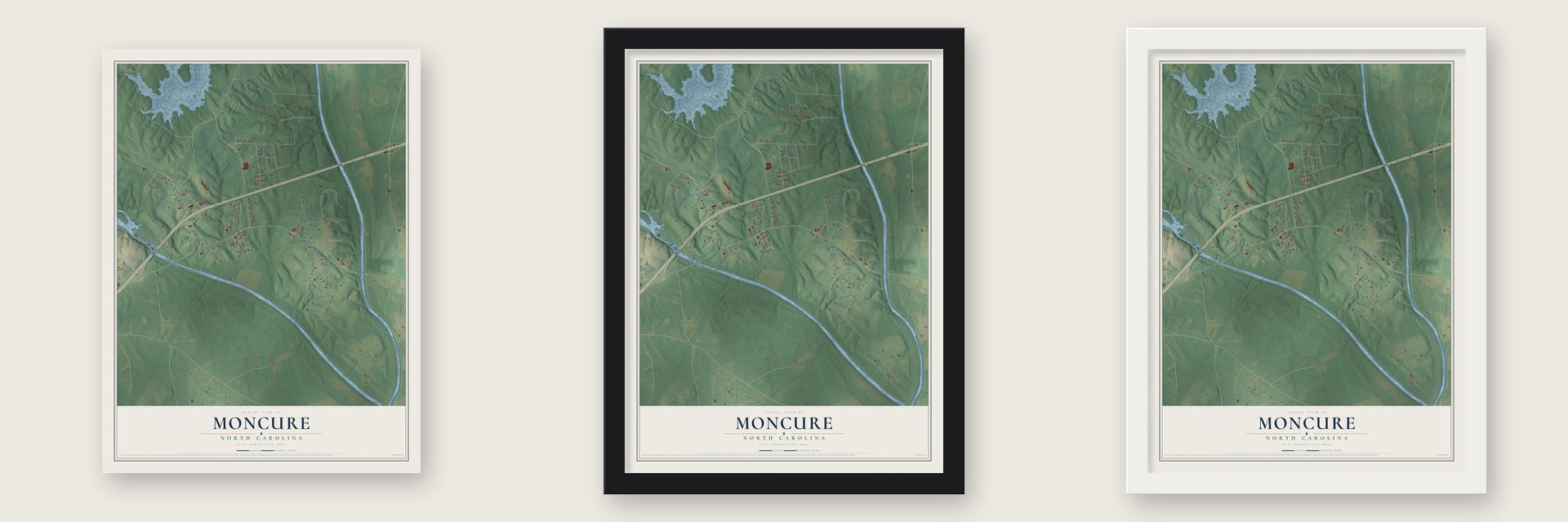 Moncure, North Carolina map unframed, in a black wood frame and in a white wood frame